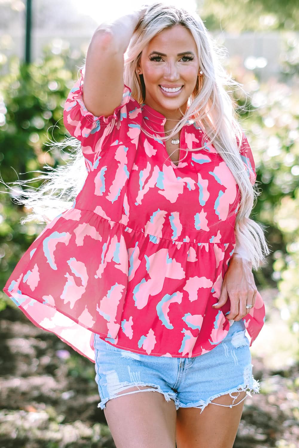 Rose Abstract Print Smocked Puff Sleeve V Neck Blouse - Love Salve